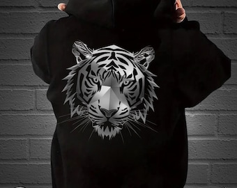 Geometric Tiger Hoodie, Tiger Sweater Gift for Him, Tiger Head Hoodie, Tiger Monochrome Hoodie, Tiger Print On Back, Sweater Tiger lovers
