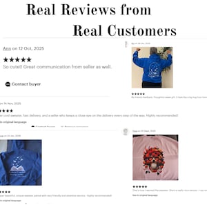 May include: Image displaying customer reviews with text "Real Reviews from Real Customers." Reviews include star ratings and comments about product quality and seller communication. Images of the products are also shown.