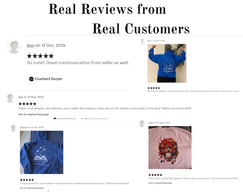 May include: Image displaying customer reviews with text "Real Reviews from Real Customers." Reviews include star ratings and comments about product quality and seller communication. Images of the products are also shown.