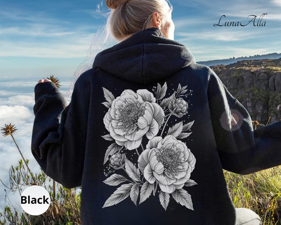 Peonies Hoodie, Floral Hoodie Back Print, Boho Hoodie,Vintage Flower Hoodie, Botanical Hoodie for Women,Cottagecore Hoodie,Nature Lover Gift