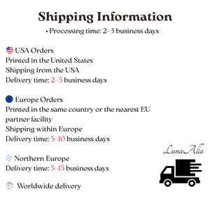 May include: A white informational graphic with black text titled Shipping Information. It lists processing times of 2-3 business days, USA delivery in 2-5 business days, Europe delivery in 5-10 business days, and Northern Europe in 5-15 business days.