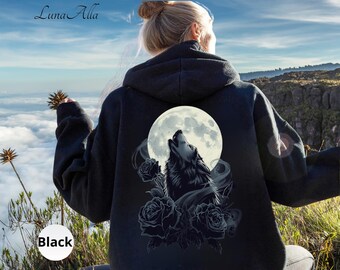 Gothic Hoodie mit Wolf Mond und schwarzen Rosen, Wolf Hoodie für Frauen, Gothic Hoodie für schwarze Magie Fans, Hexe Hoodie, schwarzer Akademie Hoodie