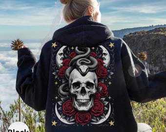 Gothic Floral Skull Snake Hoodie,Floral Skull Hoodie,Skull Roses Hoodie,Gothic Floral Skull,Women Skull Hoodie,Girl Skull Hoodie,Dark Romanc