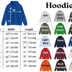 K&ouml;nnte beinhalten: Ein blauer Hoodie mit Gr&ouml;&szlig;entabelle und Farbauswahl. Die Tabelle zeigt die Ma&szlig;e f&uuml;r Breite und L&auml;nge, beginnend bei 51 cm Breite und 69 cm L&auml;nge. Farboptionen sind Aschgrau, Sportgrau, Dunkelgrau, Milit&auml;rgr&uuml;n, Irischgr&uuml;n, Waldgr&uuml;n, Hellblau, Marine, Royal, Rot, Bordeaux, Hellrosa, Orange, Dunkle Schokolade und Sand.