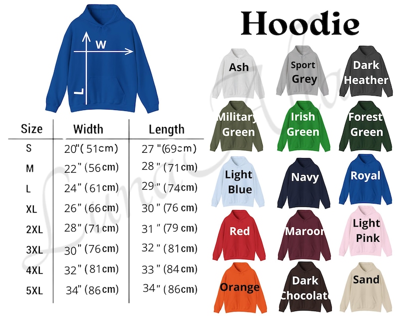 May include: A size chart for a hoodie featuring a blue hooded sweatshirt with width and length indicators. A table lists sizes S through 5XL with measurements in inches and centimeters. Fifteen color swatches of hoodies are shown with labels.