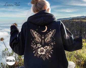 Night Moth and Flowers Hoodie,Celestial Crescent Moon Hoodie, Gothic Botanical Hoodie, Witchy Forest Butterfly Hoodie, Occult Moth Hoodie