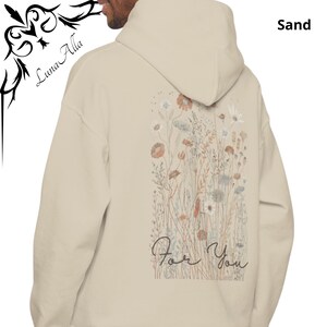 May include: Sand-colored hoodie with a floral design on the back. The design features various flowers in shades of orange, white, and gray, with the words "For You" in cursive script. The hoodie has a hood and a relaxed fit.