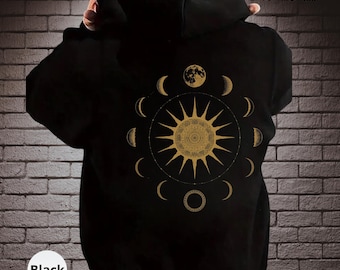 Mystical Sun and Moon Hoodie, Golden Celestial Phases Hoodie, Boho Astrology Pullover, Cosmic Spiritual Hoodie Gift, Witchy Aesthetic Hoodie