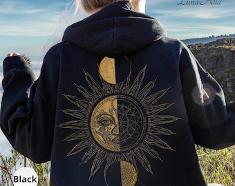 Mystical Sun and Moon Hoodie,Golden Celestial Phases Hoodie,Boho Astrology Hoodie,Cosmic Spiritual Gift,Aesthete Hoodie,Spiritualism Hoodie