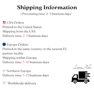 May include: A graphic with the text "Shipping Information" and details about processing and delivery times for USA, Europe, and Northern Europe orders. Includes a logo of a truck.