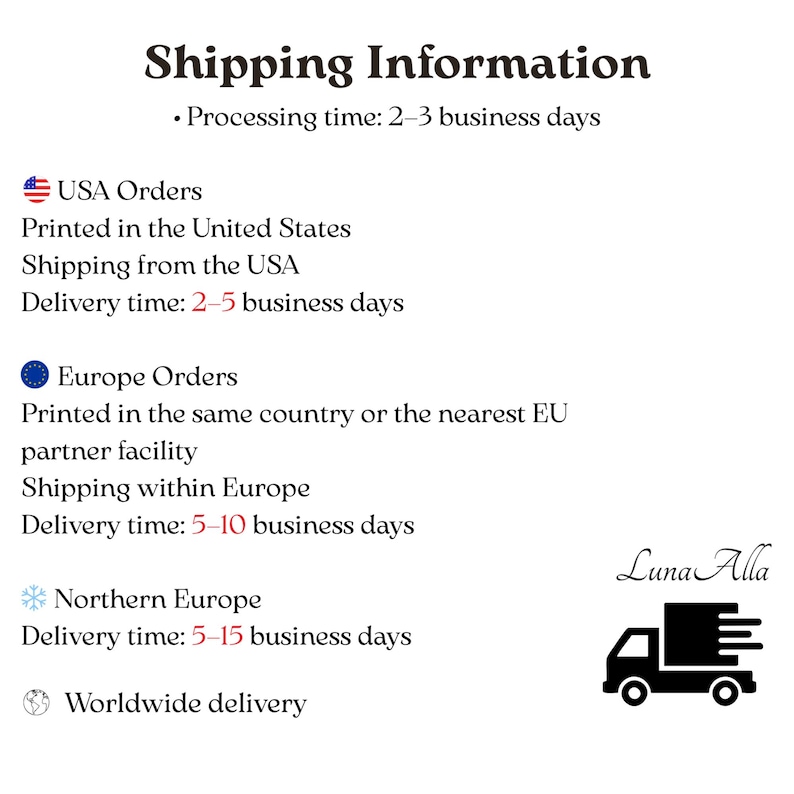 May include: A graphic with the text "Shipping Information" and details about processing and delivery times for USA, Europe, and Northern Europe orders. Includes a logo of a truck.