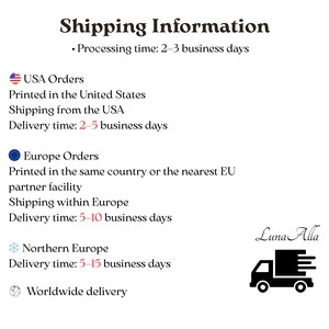 K&ouml;nnte beinhalten: Textgrafik mit Versandinformationen, einschlie&szlig;lich Bearbeitungs- und Lieferzeiten f&uuml;r Bestellungen in den USA, Europa und Nordeuropa. Enth&auml;lt ein LKW-Logo und den Markennamen Luna Alla.