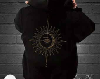 Mystical Sun and Moon Hoodie,Golden Celestial Phases Hoodie,Boho Astrology Hoodi,Cosmic Spiritual Gift,Horoscop Astrology,Sun Hoodi
