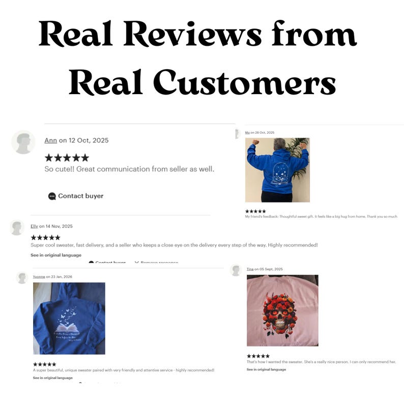 May include: A digital display titled Real Reviews from Real Customers featuring four customer feedback entries. Two entries include photos of blue hoodies with graphic prints, one shows a pink sweatshirt with a floral skull design, and all include five-star ratings and text.