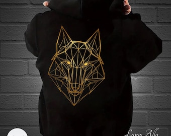 Geometrischer Gold Wolf Hoodie, Linie Kunst Tier Sweatshirt, Polygon Wolf Kopf Hoodie, Minimale Umriss Grafik Hoodie, Pullover für Wolf-Liebhaber