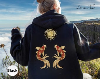 Luxury Koi Fish Hoodie,Gift for Japanese Art Lovers,Minimalist Japanese Style Sweatshirt Golden Sun,Zen Ocean Aesthetic Pullover,4XL,5XL