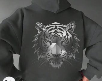Geometric Tiger Hoodie, Tiger Sweater Gift for Him,Tiger Head hoodie,Tiger Monochrome Shirt,Tiger Print On Back,Sweater Tiger lovers,4XL,5XL