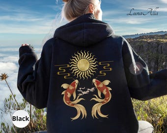 Felpa di lusso con motivo a carpe koi, felpa in stile giapponese con sole dorato, felpa con estetica zen oceanica, felpa con carpe koi in stile anime, estetica giapponese, felpa asiatica