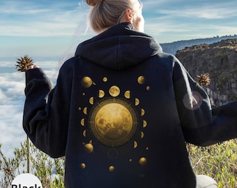 Mystieke zon- en maanhoodie, cadeau voor liefhebbers, astrologie en esoteriek, sweater Golden Celestial Phases, retro trui met sterren, 4XL, 5XL