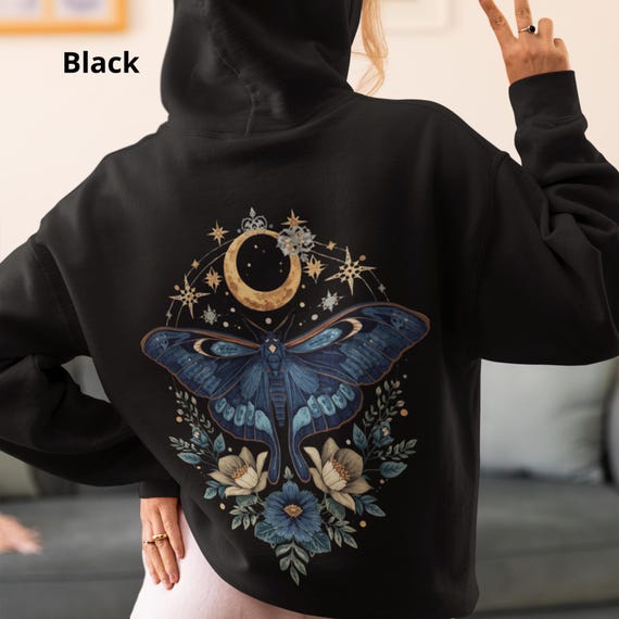 Luna Moth Hoodie With Flowers, Black Academy Gift Hoodie, Witchy Forest Butterfly Pullover, Mystic Gothic Nature Hoodie, Occult Moth Hoodie