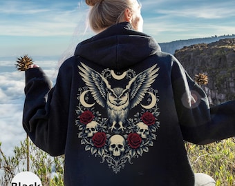 Gothic Floral Skull Owl Hoodie, Floral Skull Hoodie, Skull Roses Hoodie, Skull Hoodies for Women, Women Skull Hoodie, Girl Skull Hoodies