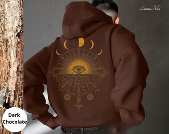 Felpa mistica con sole e luna, felpa con occhio celeste, felpa dorata con astrologia, felpa occulta spirituale, regalo con felpa con fasi lunari, geometria sacra