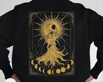 Celestial Moon Phases Sweatshirt,Gift for Lover of Mysticism Astrology,Mystical Sun\Moon Hoodie,Golden Celestial Phases Sweatshirt, 4XL,5XL