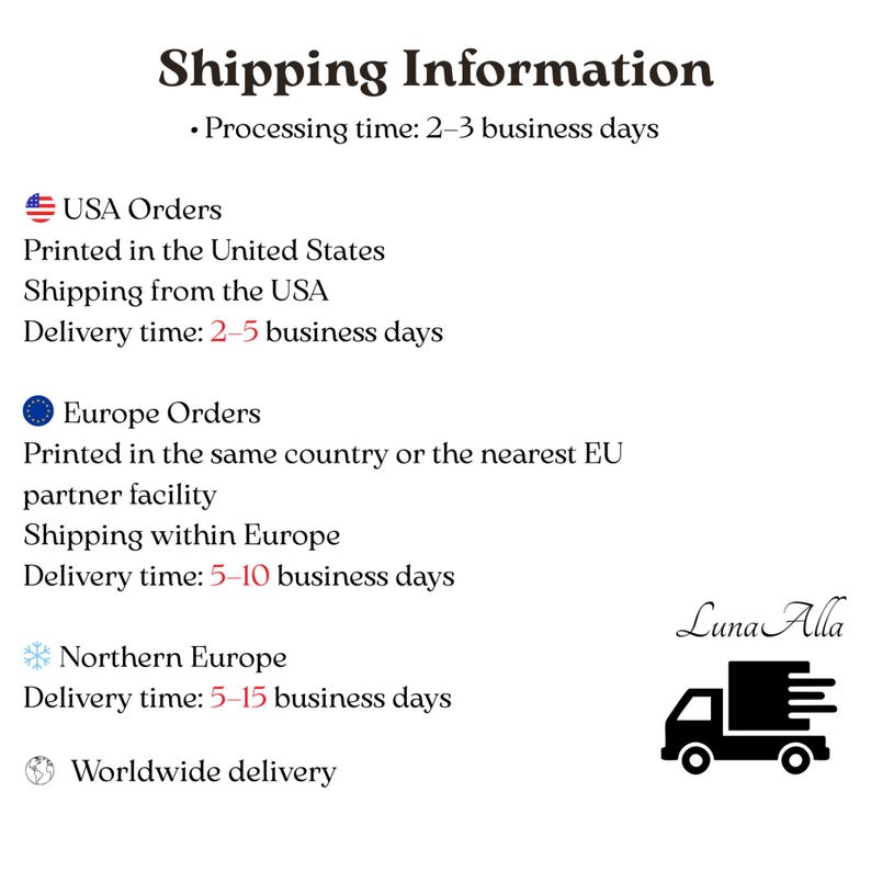 May include: A white informational graphic with black text titled Shipping Information. It lists processing times of 2-3 business days, USA delivery in 2-5 business days, Europe delivery in 5-10 business days, and Northern Europe in 5-15 business days.