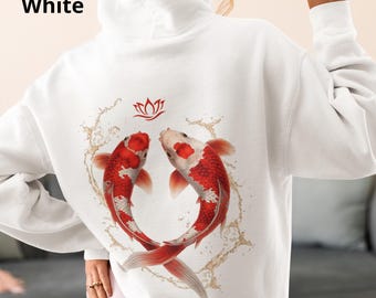 Felpa con cappuccio con carpe koi, felpa con cappuccio giapponese Zen con loto, pullover ispirato allo Yin Yang, felpa con cappuccio asiatica, felpa con cappuccio con pesci, felpa con cappuccio giapponese, felpa con cappuccio con estetica giapponese