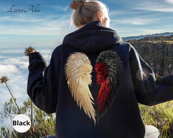 Angel Wing Hoodie,Valentine's Day Gift for Her,Sweater Wings Llight Darkness,Black And White Wings,Gothic Hoodie Wings, Fallen Angel