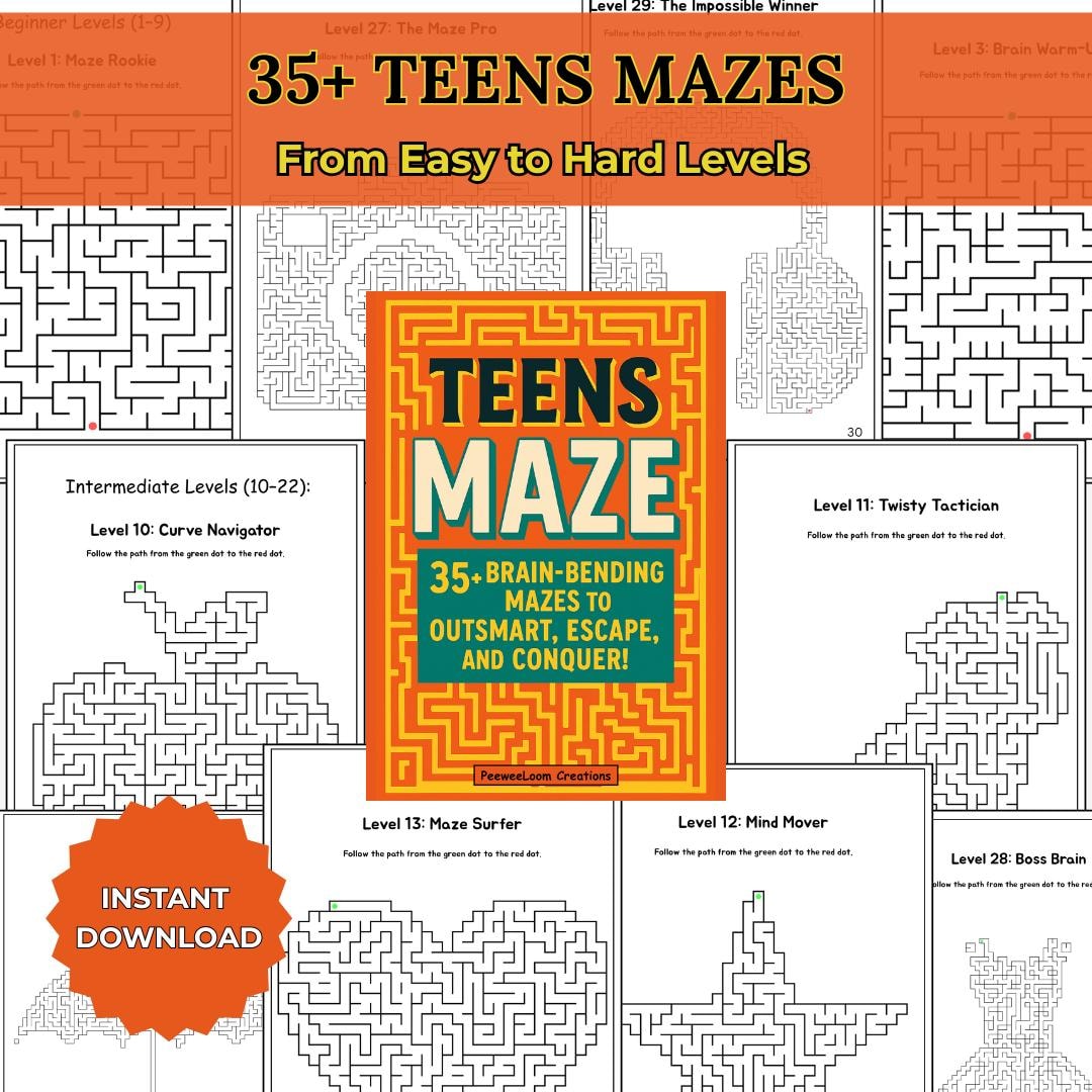 Teen Maze Book | Printable Maze Puzzle Book | Brain Games for Teens