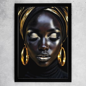 Black Woman Art - Black and Gold Portrait Art, Digital Download, Afrocentric Wall Print, Luxury Glam Female Art, Contemporary Art