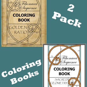 May include: Two coloring books with the text "Fibonacci Sequence" and "Golden Ratio". The books have a brown and white design with the words "Coloring Book" in bold letters. The words "2 Pack" are in white text.