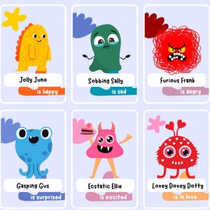 May include: Six colourful monster cards with different emotions. Each card features a monster with a name and a description of their emotion. The emotions are happy, sad, angry, surprised, excited, and in love.