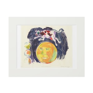 May include: A framed artwork featuring a whimsical illustration. A cow with red and white spots leaps over a yellow sun with a face. Three colorful orbs are to the left. The artwork is signed and titled "Moon Status".