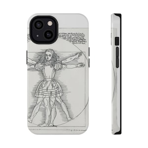 May include: A white iPhone case featuring a black and white illustration of a figure in the style of Leonardo da Vinci's Vitruvian Man. The figure is a drawing of a woman in a dress, with arms and legs outstretched. Text is visible in the upper portion of the case.