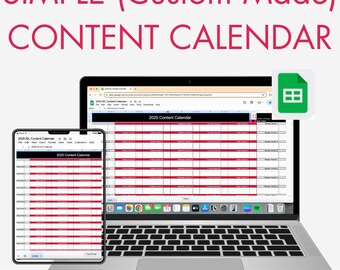 May include: A laptop and smartphone display a red and white content calendar template. The text "SIMPLE (Custom Made) CONTENT CALENDAR" is at the top. The bottom of the image reads "Google Sheets | Instant Download". A green Google Sheets icon is in the upper right.