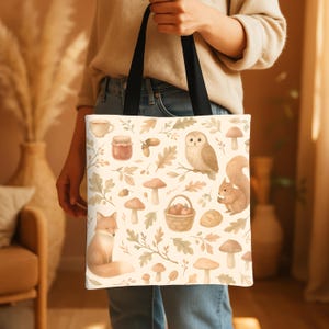Woodland Animals Tote Bag – Autumn Cottagecore Aesthetic Tote, Cozy Fall Nature Gift, Rustic Tote for Her, Gift for All