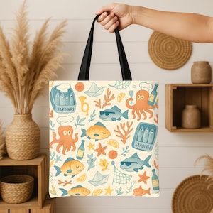 Fisherman Aesthetic Tote Bag, Sardine Aesthetic Bag, Sardine Beach bag, Octopus Chef Beach Bag, Casual bag, Gift for all Occasions