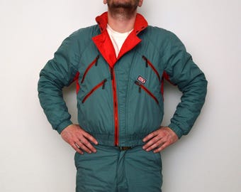 Traje de esquí suizo vintage de los años 80 con bloques de color para hombre - Traje de nieve de una pieza talla S Rojo X