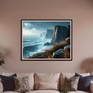 Stormy Sea Cliffs Print – 8K Rugged Coastal Wall Art with Waves and Overcast Sky, Dramatic Ocean Landscape Digital Download