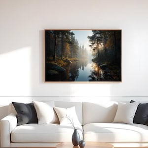 8K Forest Sunrise Lake Wall Art – Misty Light Through Autumn Pines, Peaceful Nature Reflection Print for Calm Spaces and Cabin Decor