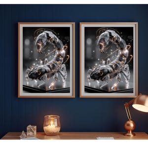 Schorpioen Zodiac Art Print – 8K kristallen schorpioenstandbeeld in zwart glas met gloeiende aderen, astrologiemuurdecor voor donkere kosmische interieurs