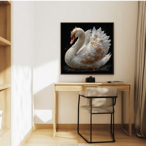 Golden White Swan Art Print – Regal Fantasy Bird with Crown and Ornate Feathers, Elegant Surreal Animal Wall Decor for Home or Gallery