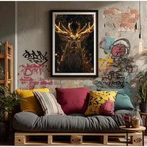 Golden Stag Wall Art – Majestic Deer Portrait with Glowing Antlers, Black & Gold Digital Print for Strength, Nature | Rustic Elegance