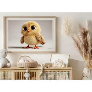 Pixar-Style Baby Chick Digital Art Print – Fluffy Yellow Hen Chick with Big Eyes, Cute Nursery Wall Art for Bird and Animal Lovers