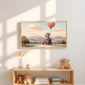 Tabby Kitten with Heart Balloon Art Print – Cute Cat Driving Car Through Countryside | Whimsical Nursery or Gift Wall Art | Digital Download