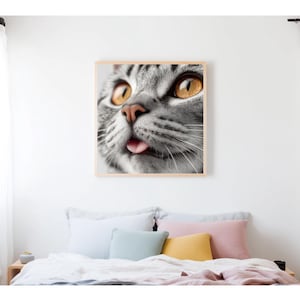 American Shorthair Cat Portrait – 8K Ultra-Realistic Digital Close-Up with Tongue Out & Amber Eyes, Funny Pet Wall Art Download