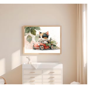 Calico Kitten in Strawberry Car Art Print – Cute Watercolor Cat with Big Eyes Driving Fruit Car | Whimsical Animal Nursery Wall Decor