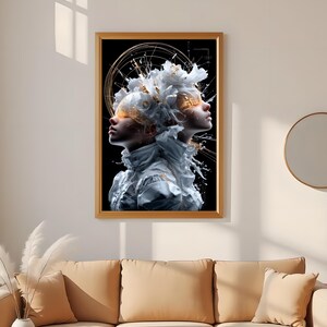 Grafika artystyczna znaku zodiaku Bliźnięta: Eteryczne bliźniacze kobiety, futurystyczna astrologia (pobranie cyfrowe)